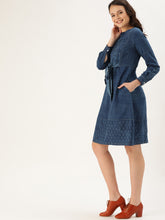 Load image into Gallery viewer, Queen ellie Women Blue Indigo Hand Block Print A-Line Dress with Tie-Up Detail &amp; Cuffed Sleeves
