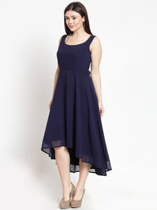 Queen ellie Women Navy Blue Solid High-Low Fit and Flare Dress