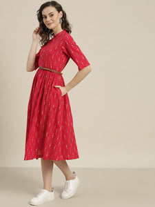 Queen ellie Women Red & White Printed A-Line Dress