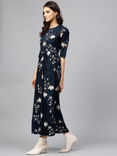 Load image into Gallery viewer, Queen ellie Women Navy Blue &amp; Golden Floral Print Maxi Dress
