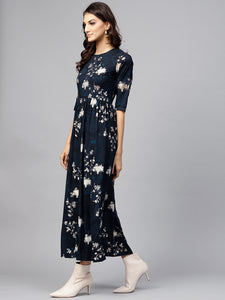 Queen ellie Women Navy Blue & Golden Floral Print Maxi Dress