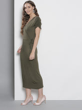 Load image into Gallery viewer, Queen ellie Women Olive Green Solid Wrap Dress
