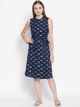 Load image into Gallery viewer, Queen ellie Women Navy Blue &amp; White Printed Shirt Dress
