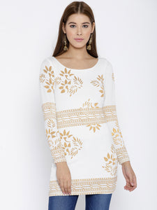 Queen ellie White & Gold-Toned Printed Kurti