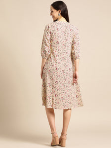 Queen ellie Women Beige & Red Floral Print A-Line Dress