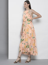 Load image into Gallery viewer, Queen ellie Women Peach-Coloured &amp; Green Tropical Printed Maxi Dress
