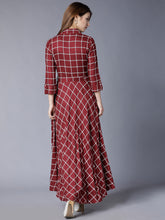 Load image into Gallery viewer, Queen ellie Burgundy Checked Flared Belted Shirt Maxi Dress
