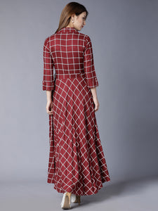 Queen ellie Burgundy Checked Flared Belted Shirt Maxi Dress