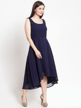 Load image into Gallery viewer, Queen ellie Women Navy Blue Solid High-Low Fit and Flare Dress
