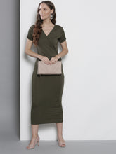 Load image into Gallery viewer, Queen ellie Women Olive Green Solid Wrap Dress
