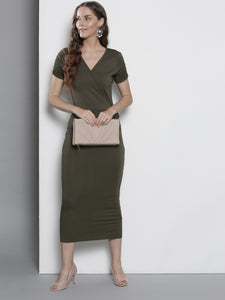 Queen ellie Women Olive Green Solid Wrap Dress