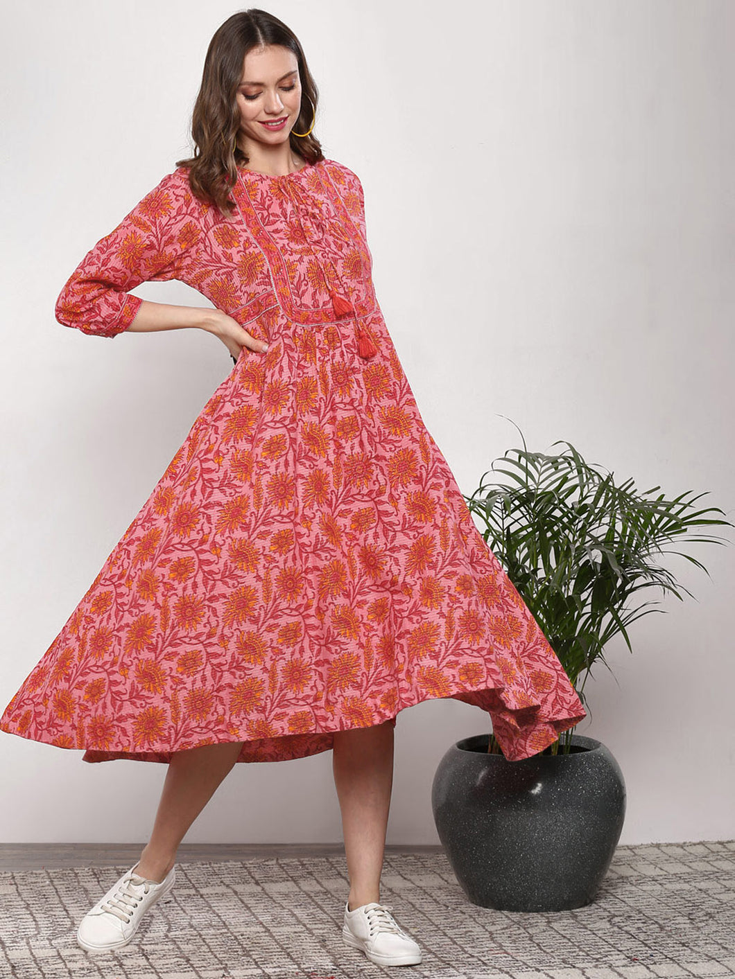 Queen ellie Women Pink & Red Printed A-Line Dress