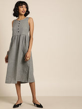 Load image into Gallery viewer, Queen ellie Women Grey &amp; Black Self Design Woven Legacy A-Line Midi Dress with Gathers
