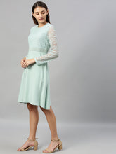 Load image into Gallery viewer, Queen ellie Women Green Solid Fit and Flare Dress With Lace Inserts
