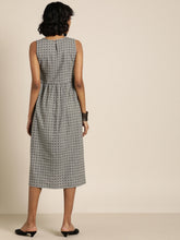 Load image into Gallery viewer, Queen ellie Women Grey &amp; Black Self Design Woven Legacy A-Line Midi Dress with Gathers
