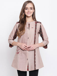 Queen ellie Women Beige Embroidered A-Line Kurti