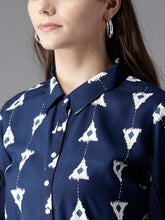 Load image into Gallery viewer, Queen ellie Women Navy Blue &amp; White Printed Maxi Shirt Dress
