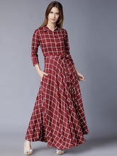 Load image into Gallery viewer, Queen ellie Burgundy Checked Flared Belted Shirt Maxi Dress
