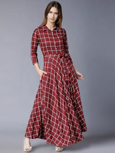 Queen ellie Burgundy Checked Flared Belted Shirt Maxi Dress