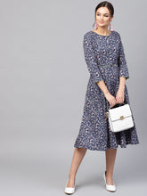 Load image into Gallery viewer, Queen ellie Women Navy Blue &amp; Pink Printed Fit and Flare Dress
