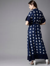 Load image into Gallery viewer, Queen ellie Women Navy Blue &amp; White Printed Maxi Shirt Dress
