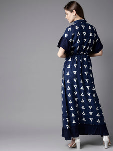 Queen ellie Women Navy Blue & White Printed Maxi Shirt Dress