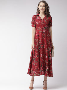 Queen ellie Maroon & Olive Green Floral Print Maxi Shirt Dress