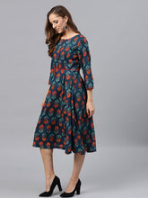 Load image into Gallery viewer, Queen ellie Women Teal Blue Printed Fit &amp; Flare Dress
