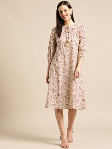 Queen ellie Women Beige & Red Floral Print A-Line Dress