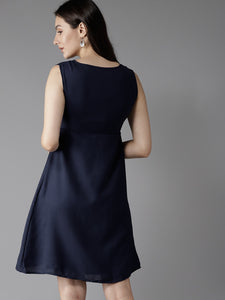 Queen ellie Women Navy Blue Solid A-Line Dress