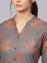 Load image into Gallery viewer, Queen ellie Women Charcoal Grey &amp; Red Printed Straight Kurti
