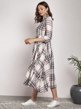 Load image into Gallery viewer, Queen ellie Women Off-White &amp; Black Checked Midi A-Line Dress
