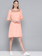 Load image into Gallery viewer, Queen ellie Women Embroidered Peach-Coloured Fit and Flare Dress
