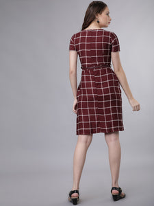 Queen ellie Women Burgundy Checked Sheath Dress