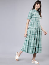 Load image into Gallery viewer, Queen ellie Women Green Checked Fit and Flare Dress
