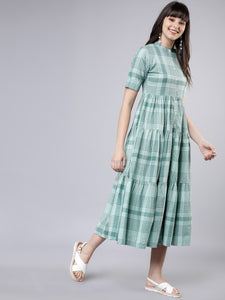 Queen ellie Women Green Checked Fit and Flare Dress