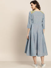 Load image into Gallery viewer, Queen ellie Women Blue Self Design Yarn Dyed Flared A-Line Dress
