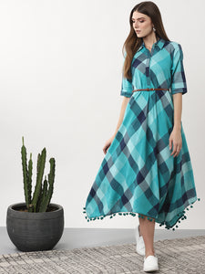 Queen ellie Women Blue Checked Fusion Maxi Dress