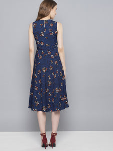 Queen ellie Women Navy Blue Printed Fit and Flare Dress