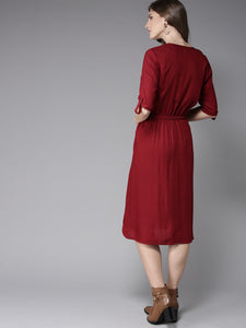 Queen ellie Women Maroon Solid Midi A-Line Dress