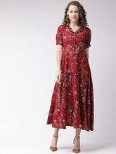 Load image into Gallery viewer, Queen ellie Maroon &amp; Olive Green Floral Print Maxi Shirt Dress
