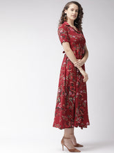 Load image into Gallery viewer, Queen ellie Maroon &amp; Olive Green Floral Print Maxi Shirt Dress
