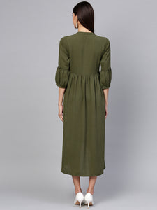 Queen ellie Women Olive Green Solid A-Line Dress