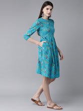 Load image into Gallery viewer, Queen ellie Women Blue &amp; Green Printed A-Line Dress
