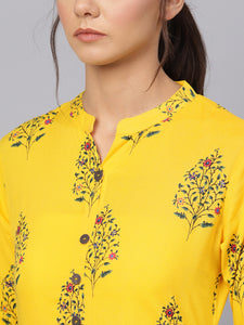 Queen ellie Women Yellow Floral Print Straight Kurti