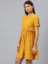 Load image into Gallery viewer, Queen ellie Women Mustard Yellow &amp; White Floral Print Fit &amp; Flare Dress With Tie-Up Sleeves
