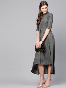 Queen ellie Women Grey Self Design Midi A-Line Dress