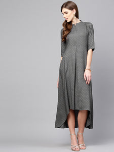 Queen ellie Women Grey Self Design Midi A-Line Dress