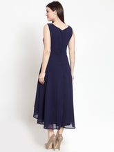 Load image into Gallery viewer, Queen ellie Women Navy Blue Solid High-Low Fit and Flare Dress
