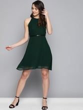 Load image into Gallery viewer, Queen ellie Women Green Solid Fit and Flare Dress
